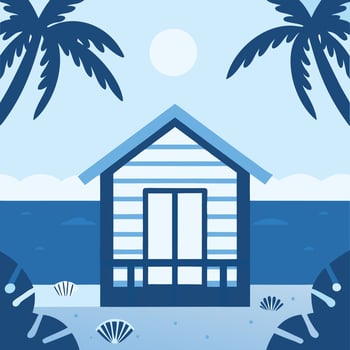 Beach hut with palm trees and ocean view vector