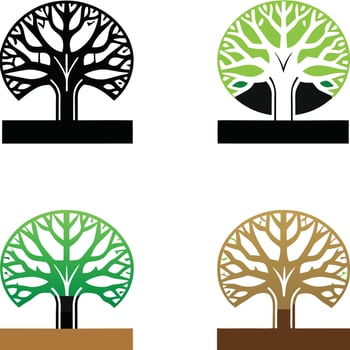 Four stylized tree graphics with colored bases isolated on white background vector