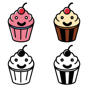 Four cute cartoon cupcakes with cherries and happy faces isolated on white background vector