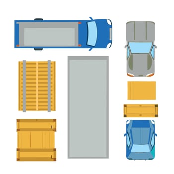 Top view of delivery trucks, cars, and cargo pallets vector