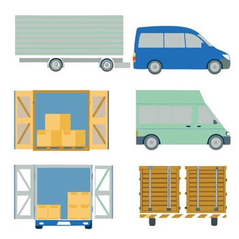 Collection of delivery trucks, vans, and cargo trailers vector