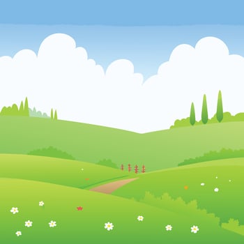 Lush green rolling hills under a bright blue sky vector