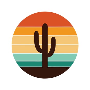 Desert Sunset Scene with Cactus Silhouette in Retro Style on White vector
