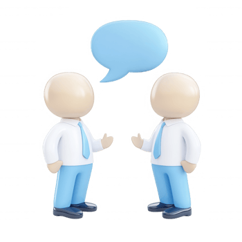Two 3d icon user businessmen are having a conversation, represented by a large blue between bubble speech them, on a transparent background png