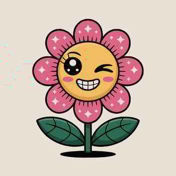 A cartoon flower with a smiley face and a pink background vector