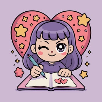 Cartoon girl writing a book with stars on her heart vector