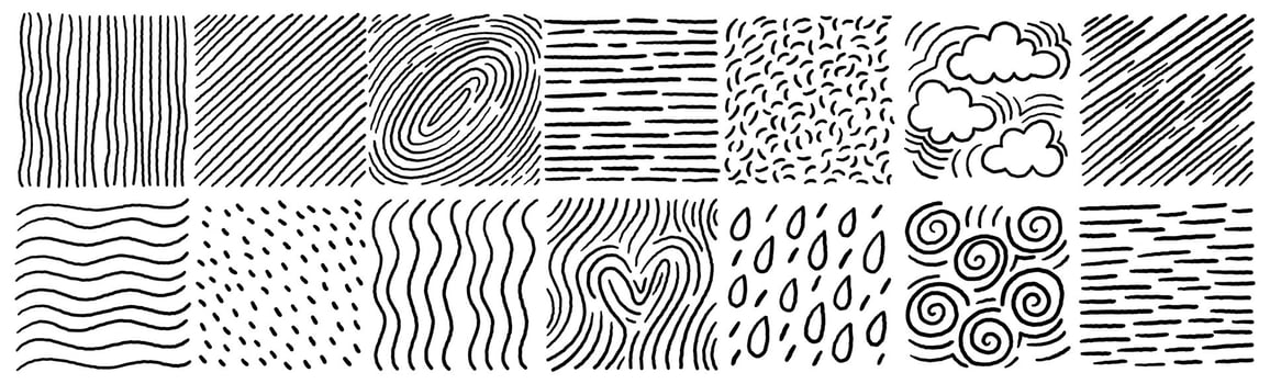 Scribbled crosshatch pattern pack with sketchy lines curls clouds and abstract textures vector