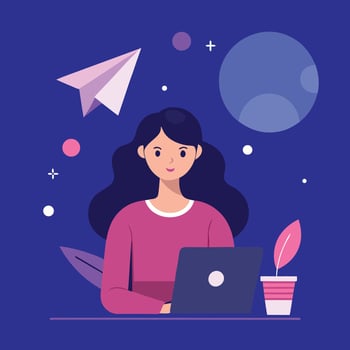 A woman is working on her laptop with a paper airplane vector