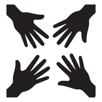 Four black open hands reaching towards each other on white background helping cooperation vector
