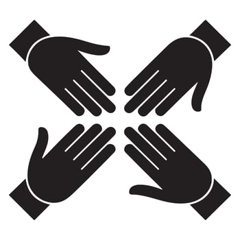Four black hands reaching towards center on white background four hands together vector