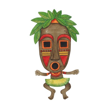 Jumping in dance african aborigine in long colorful mask with green leaves. Watercolor illustration hand drawn, cartoon. Drawing for poster, stickers, print. Africa, mask, funny, character png