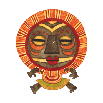 Jumping african aborigine in brown round mask with orange fringe. Watercolor illustration, hand drawn, cartoon. Drawing for poster, stickers, print. Africa, mask, funny, character png