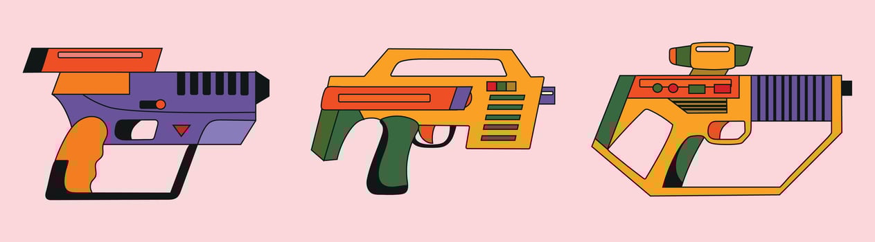 Set collection of laser gun blaster future weapon in bright colors icon clipart avatar logotype isolated illustration vector
