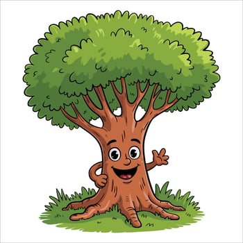 illustration of happy cartoon tree character waving greeting ideal for environmental awareness kids themes and friendly nature visuals. vector