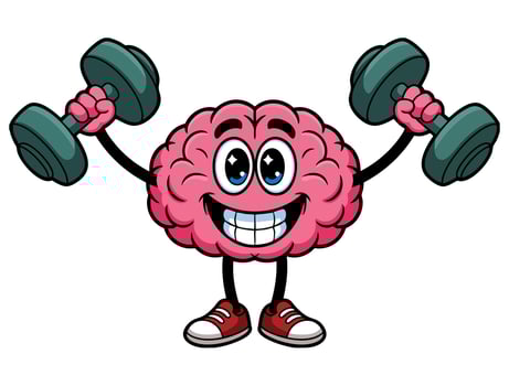 illustration of smiling brain cartoon character lifting dumbbells perfect for mental fitness health education and brain training designs vector