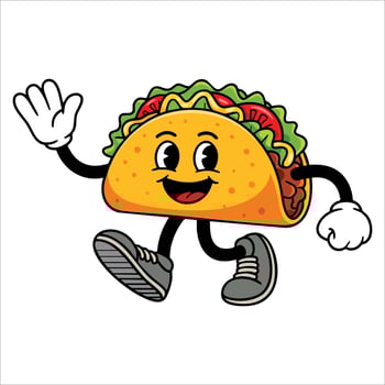 Walking taco casually cartoon mascot illustration character clip art hand drawn style perfect for casual food themed and fun character designs. vector