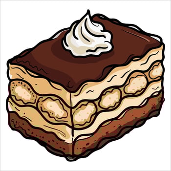 Delicious tiramis dessert with whipped cream chocolate mascarpone cacao and coffee. Sweet treat bakery culinary snack outlined in detailed baked food art. vector