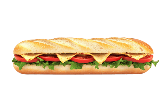Freshly made submarine sandwich with cheese tomatoes and lettuce isolated on transparent background png