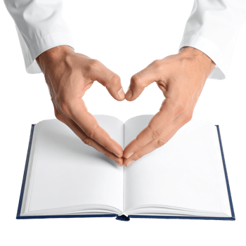 Hands forming a heart shape over an open book isolated on a transparent background. png