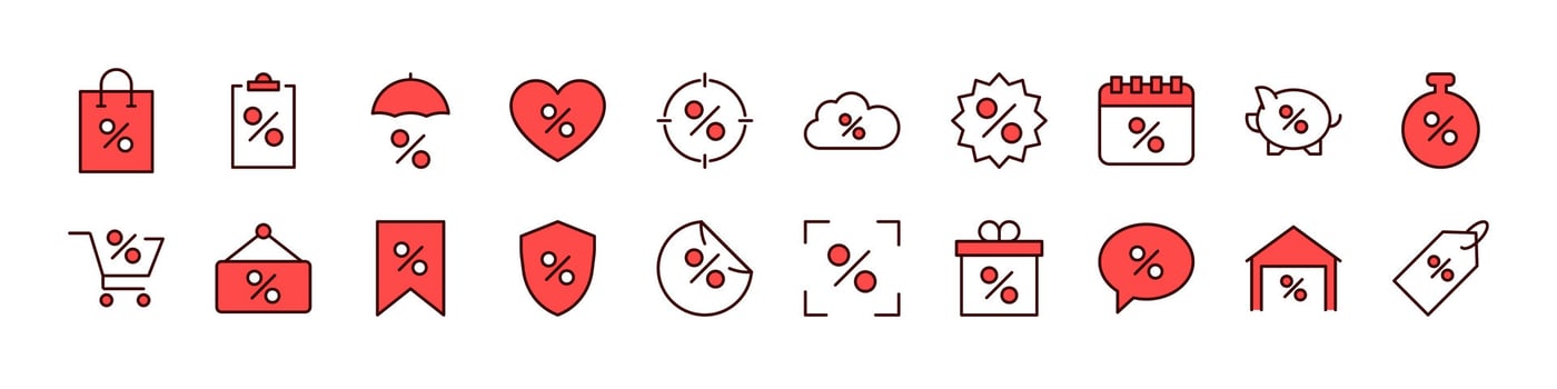 Various red discount percentage icons vector