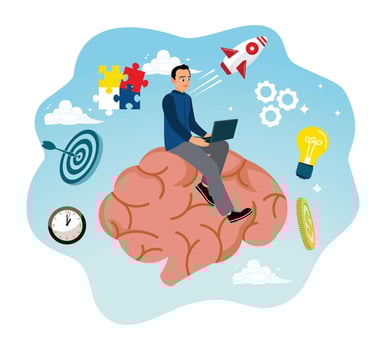 A man develops himself with creative ideas to achieve targets. vector