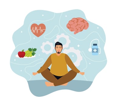 Healthy lifestyle concept with meditation, nutrition, and mental wellbeing. vector