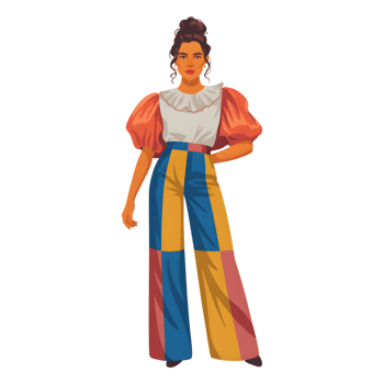 Woman in colorful patchwork pants and puff sleeve shirt isolated on transparent background png