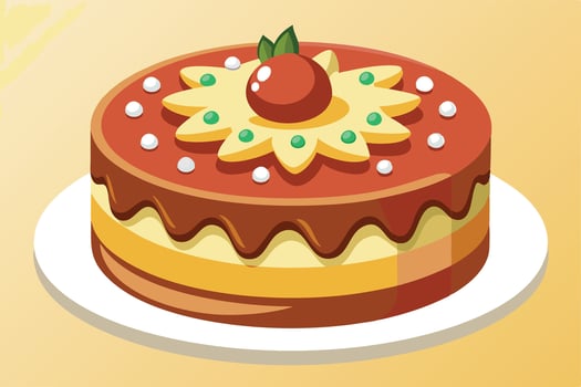 Delicious Two-Layered Cake with Caramel Drizzle, Festive Decoration, and a Sweet Cherry on Top, Sitting on a Plate Against a Warm Background vector