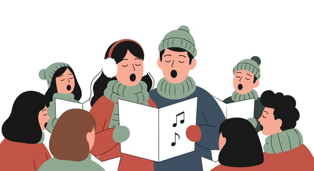 a group of people singing with music sheet vector