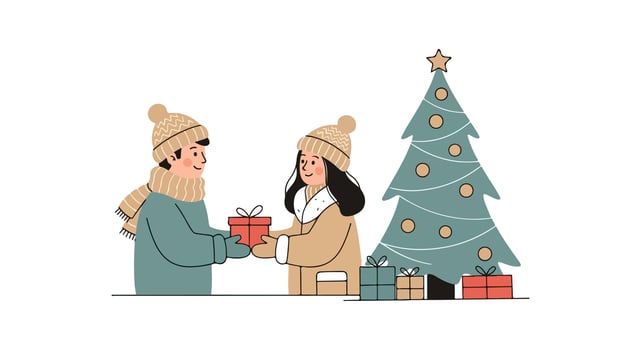 couple giving gift to each other in front of christmas tree vector