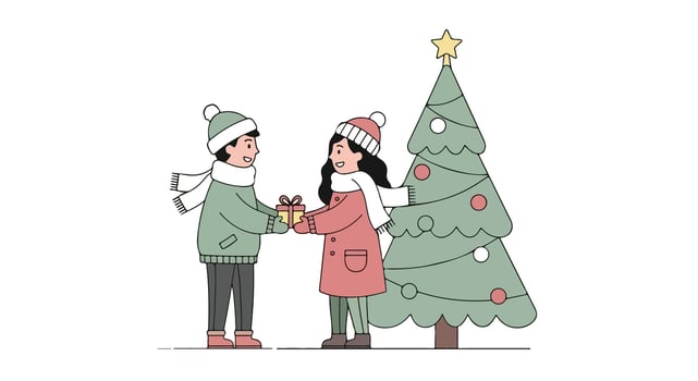 a couple giving gifts to each other near a christmas tree vector