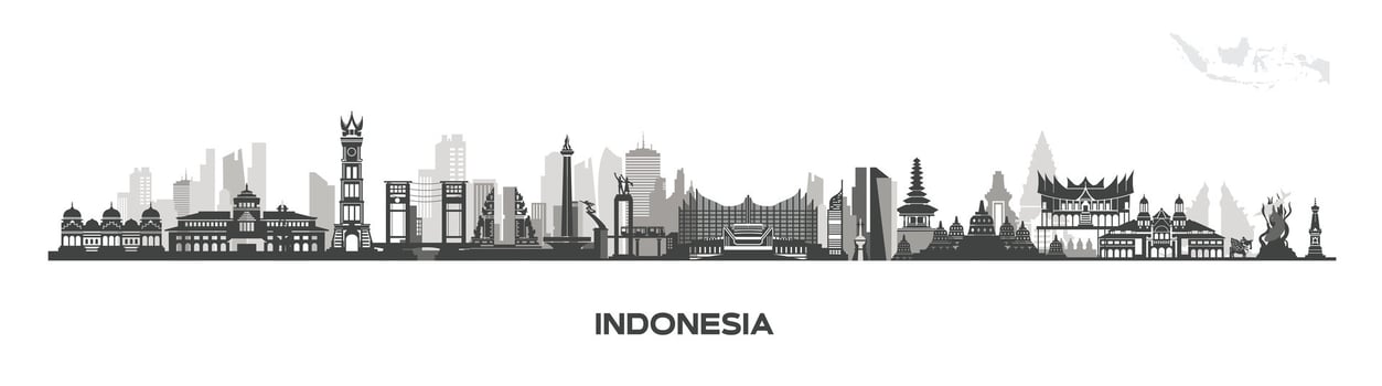 indonesia building landscape design, tourist attraction icons and indonesia country icons, beautiful asia culture country skyline vector