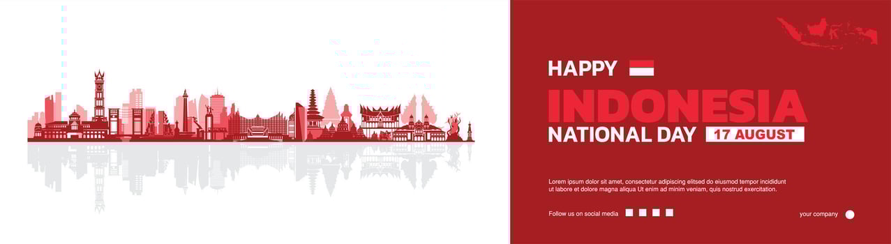 Elegant indonesia national day design with indonesia buildings, August 17 th design with minimalist concept in red vector