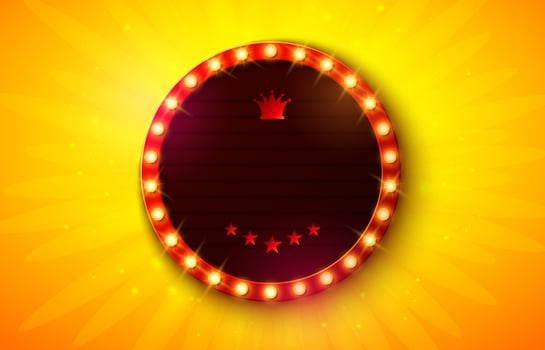 Retro Lightbox Banner Design with Glowing Light Bulb Frame Billboard Signboard on Shiny Yellow Background. Customizable Marquee Sign Illustration for Casino Advertising, Theater Show, Broadway vector