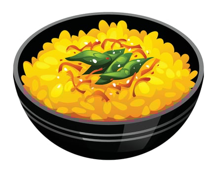 Delicious risotto with saffron and parmesan cheese in a black bowl. Cartoon illustration vector