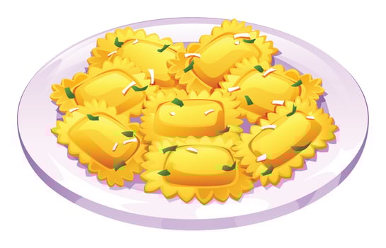 Italian ravioli pasta with grated cheese on a plate with green herbs. Cartoon illustration vector