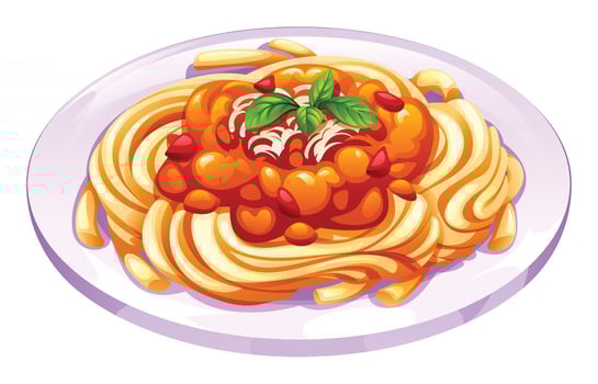 Delicious Italian spaghetti with classic bolognese meat sauce and fresh basil. Cartoon illustration vector