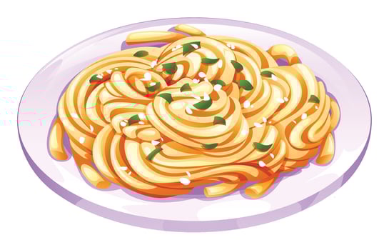 Spaghetti pasta with olive oil, grated cheese, and fresh herbs on a plate. Cartoon illustration vector