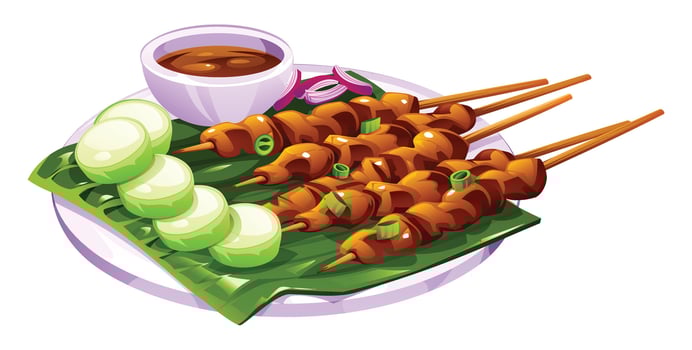 Indonesian chicken satay on skewers with peanut sauce, cucumber, and onion on a banana leaf. Cartoon illustration vector