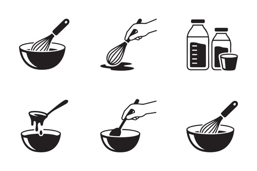 Black and White Icons Set for Food Preparation Processes Including Mixing and Measurement for Recipe Books vector