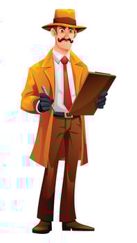 Inspector with mustache and classic outfit writing on a clipboard during investigation. Cartoon character illustration vector