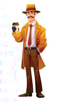 Cheerful detective character holding coffee cup, wearing classic coat and hat. Cartoon illustration vector