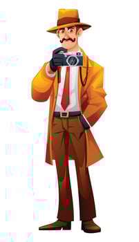 Detective character with mustache and classic outfit holding and taking a photo with a camera. Cartoon illustration vector
