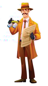 Man in classic detective outfit holding binoculars and a newspaper during an investigation. Cartoon character illustration vector