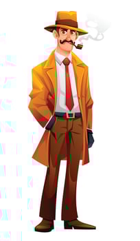 Male detective character smoking a pipe, wearing classic coat and hat. Cartoon illustration vector
