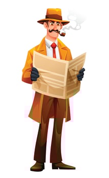 Detective with mustache and classic outfit reading a newspaper and smoking a pipe. Cartoon character illustration vector