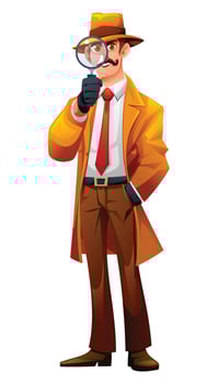 Man in detective outfit holding magnifying glass for investigation and search of clues. Cartoon character illustration vector
