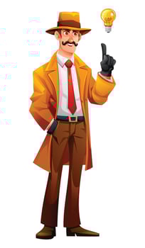 Detective character with mustache having a great idea with a lighta bulb above his head. Cartoon illustration vector