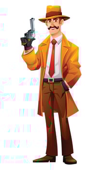Detective character with classic outfit holding a gun weapon ready to shoot or investigate. Cartoon illustration vector