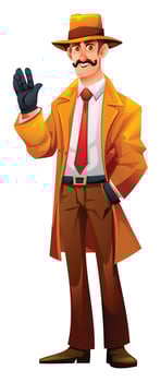 Happy detective character in a classic suit and hat waving hand in friendly greeting gesture. Cartoon illustration vector